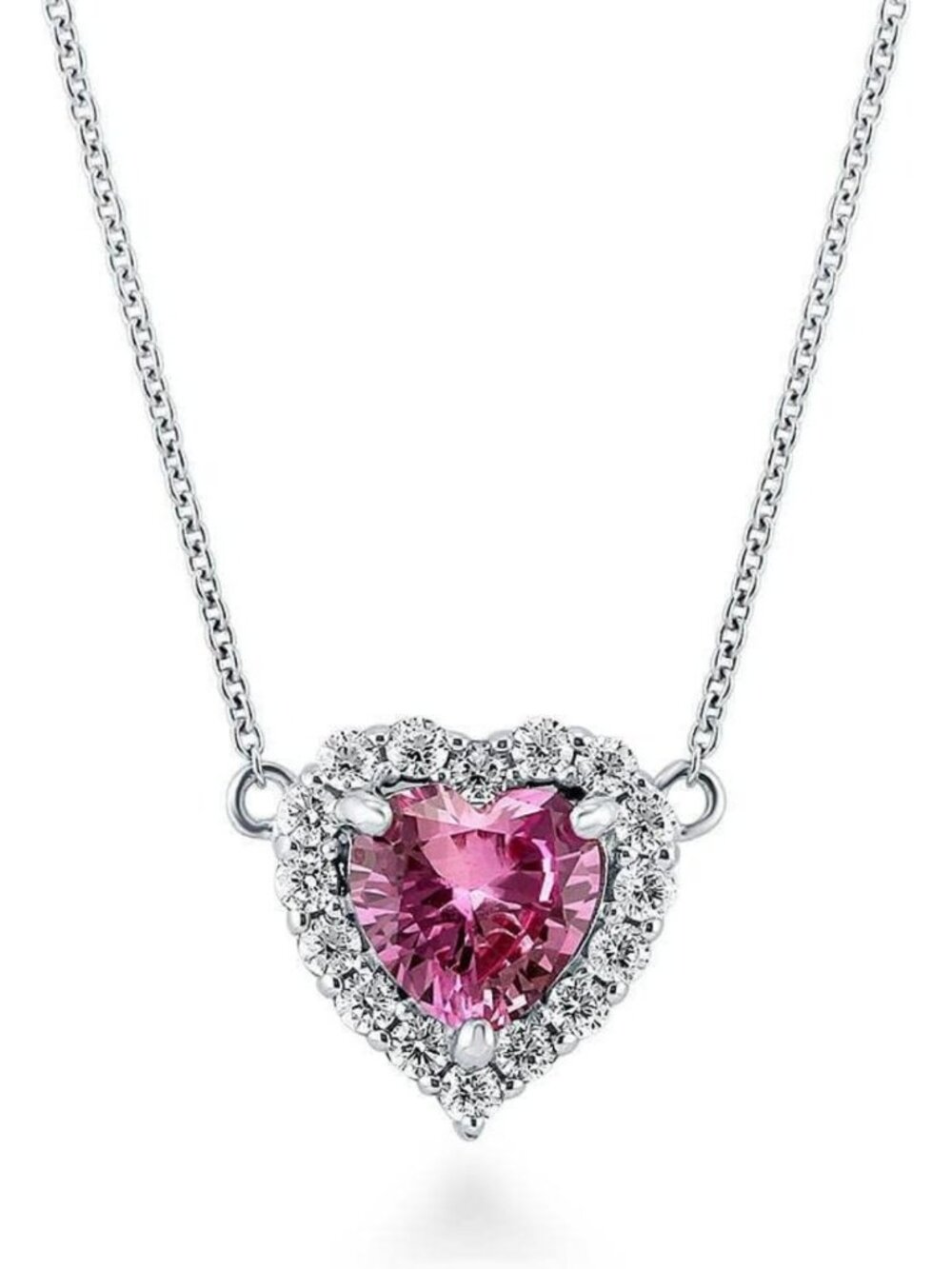 Sterling Silver Halo Heart Pendant Necklace, Pink CZ Heart Charm, 16-inch